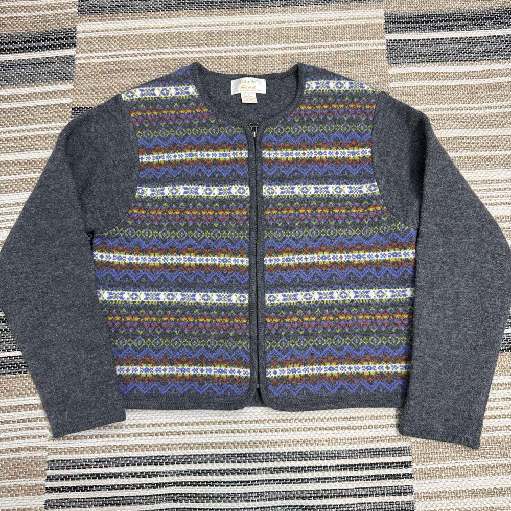 Tally-Ho Sweater Womens Large Gray Wool Zip Up Fair Isle Cardigan Knit Warm